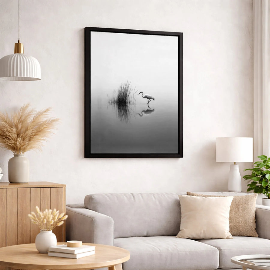 Egret Wall Art Canvas | Minimalist Misty Lake Reflection Print | Gallery Quality 1.25 Inch Wrap | Modern Nature Home Decor Gift