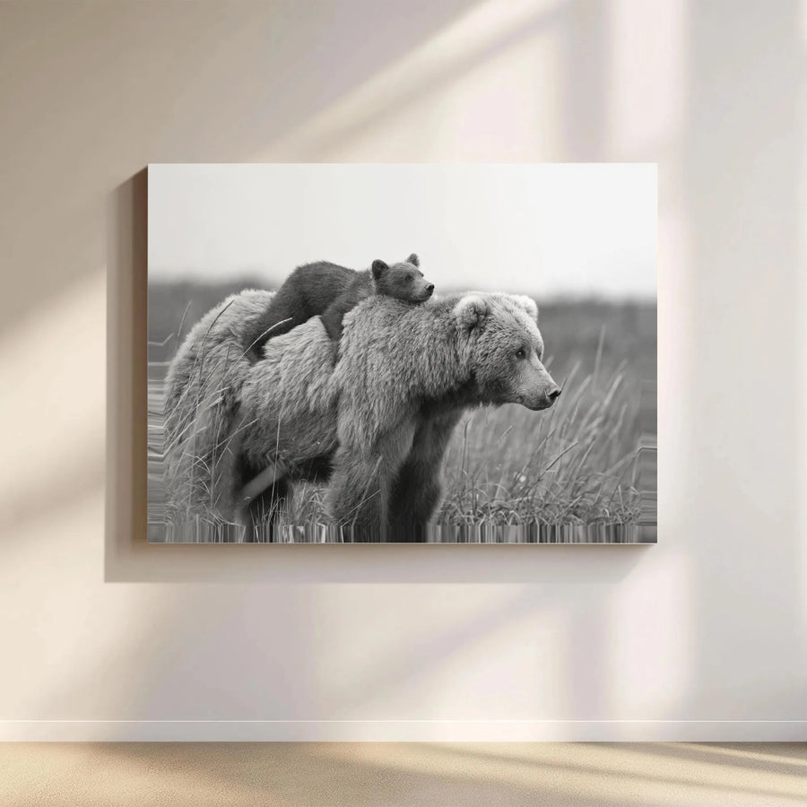 Grizzly Bear and Cub Canvas Print | Black and White Wildlife Photography | Premium Gallery Wrapped Canvas | Rustic Nature Decor Gift for Animal Lover