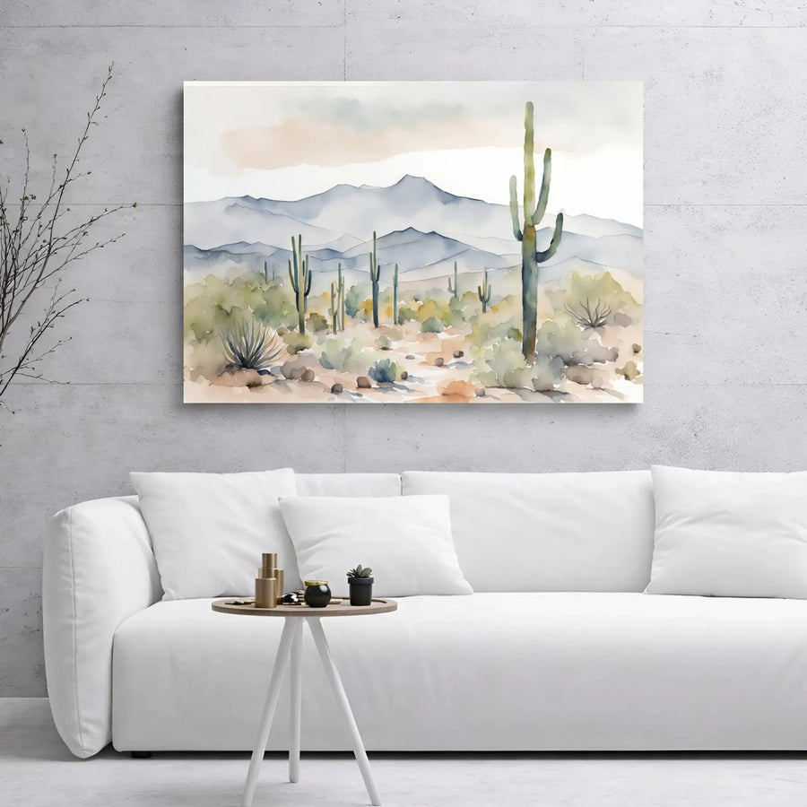 Watercolor Desert Landscape Canvas | Saguaro Cactus Mountains Print | Premium Gallery Wrap Wall Art | Southwestern Home Decor Gift