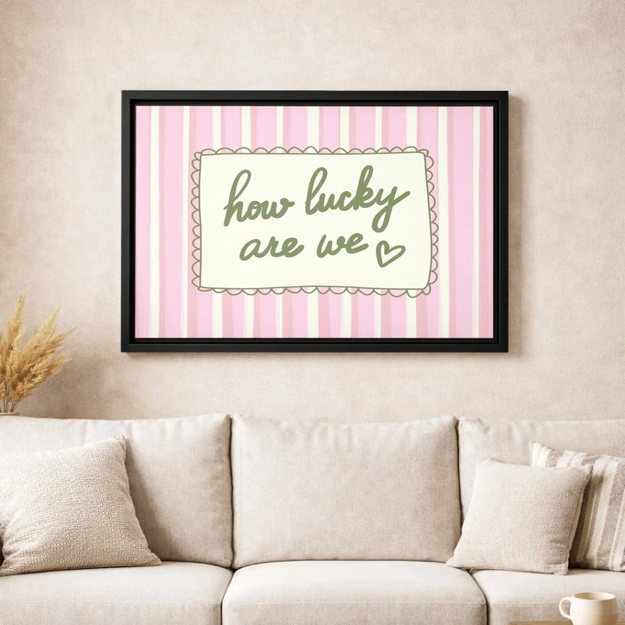 How Lucky Are We Wall Art | Pink Striped Nursery Decor | Gallery Wrap Canvas | Romantic Home Anniversary Gift