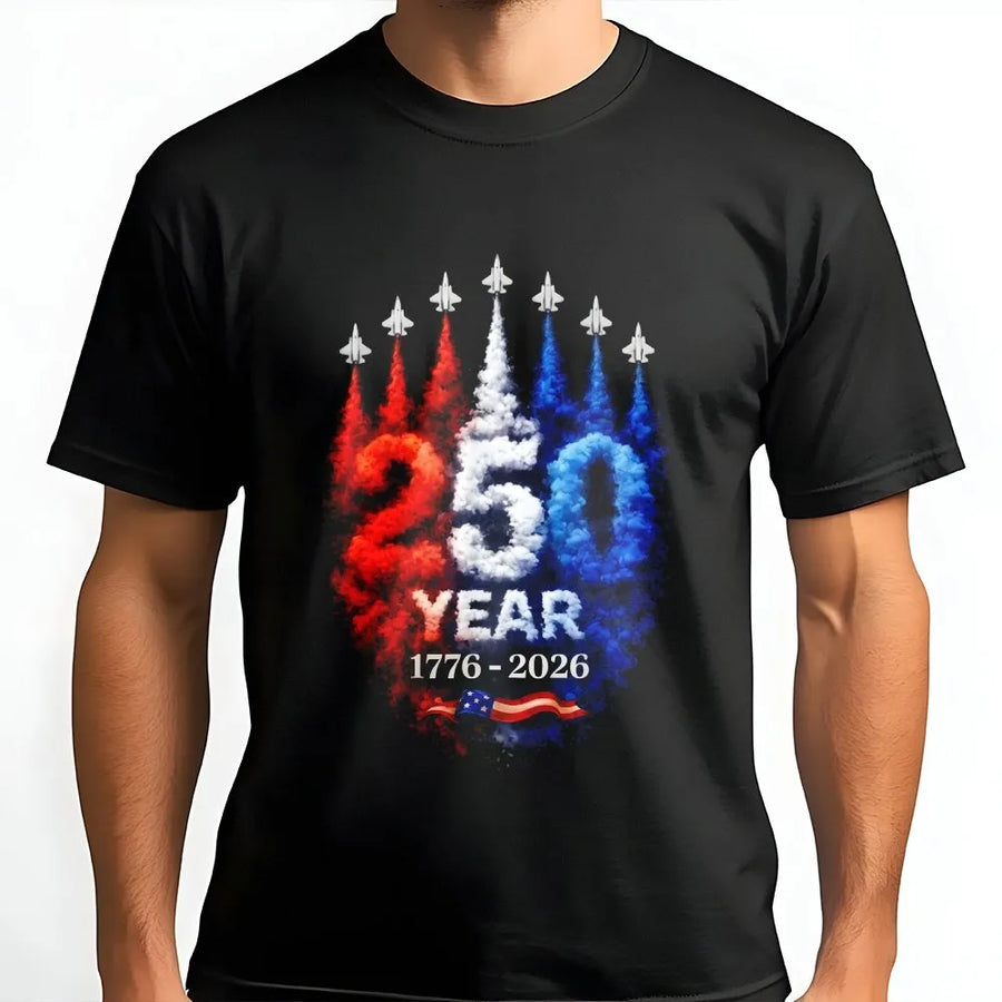 America 250th Anniversary T-Shirt | 1776-2026 Patriotic Jet Flag Graphic | Premium Cotton Blend | Commemorative Gift for Patriots