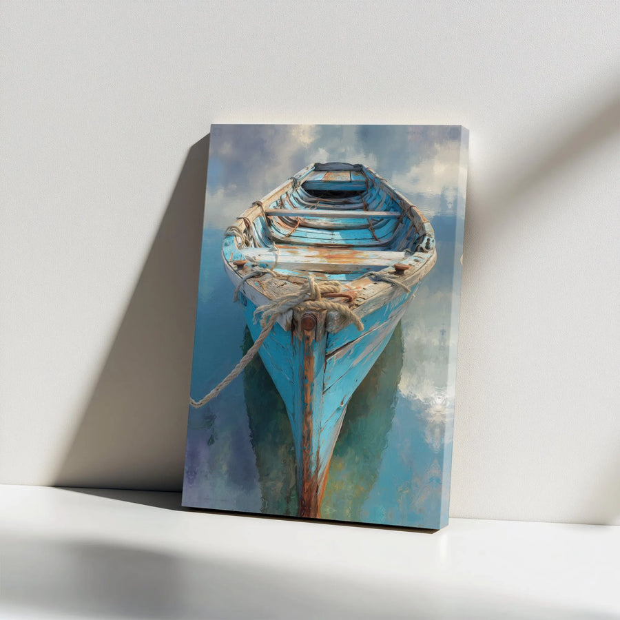 Rustic Blue Boat Canvas Print | Nautical Seascape Painting | Premium Gallery Wrapped Canvas | Coastal Living Wall Decor Gift