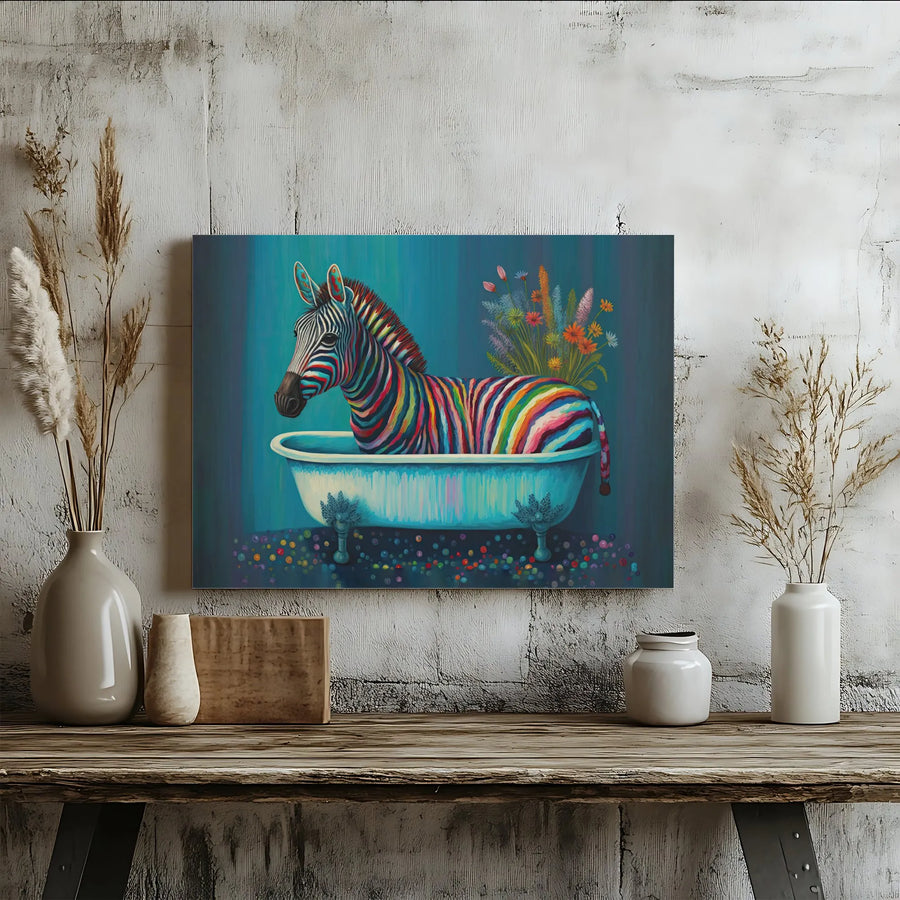 Rainbow Zebra Canvas Wall Art | Whimsical Animal in Bathtub Decor | Premium Gallery Wrapped Print | Unique Gift for Animal Lovers