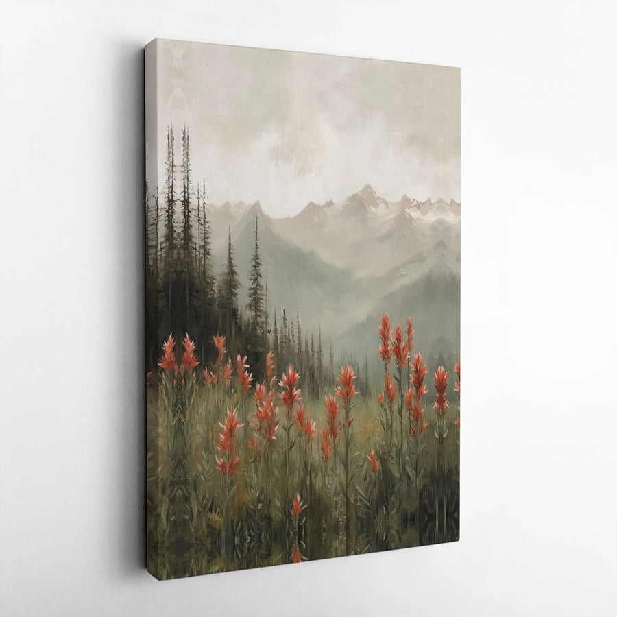 Misty Mountain Canvas Wall Art | Red Wildflower Landscape Painting | Premium Textured Print | Rustic Cabin Decor Gift for Nature Lovers