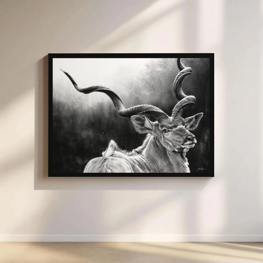 Greater Kudu Wall Art | Realistic Black and White Animal Portrait | Premium Gallery Wrapped Canvas | Wildlife Decor Gift for Home or Office