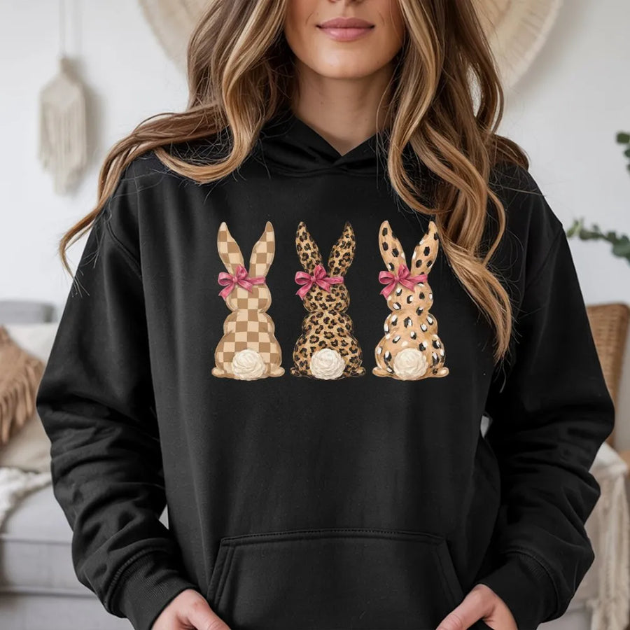 Leopard Bunny Easter Shirt | Cute Rabbit Graphic Tee with Leopard & Checkered Print | Soft Cotton Top | Happy Easter Gift for Women