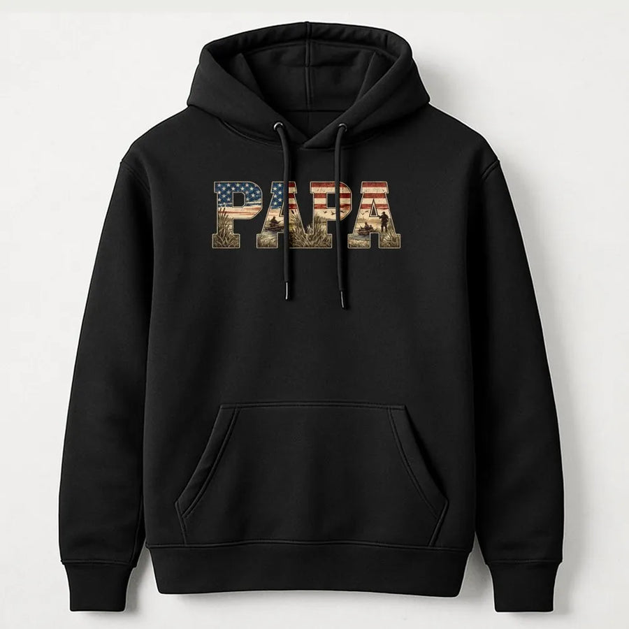 Papa Hoodie | American Flag Duck Hunting Graphic | Premium 100% Cotton Tee | Father's Day Gift for Hunter Dad