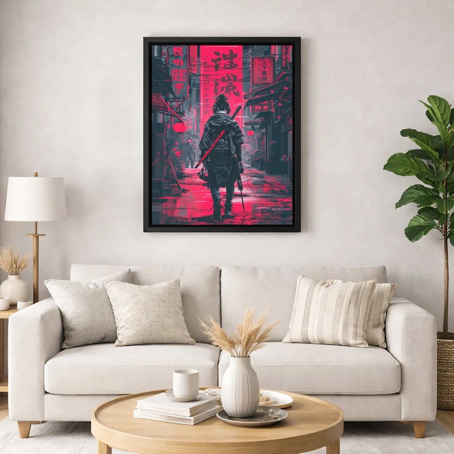 Cyberpunk Samurai Canvas Art | Futuristic Neon Red Urban Warrior Wall Decor | Premium 1.25" Gallery Wrapped Print | Gift for Sci-Fi Fans