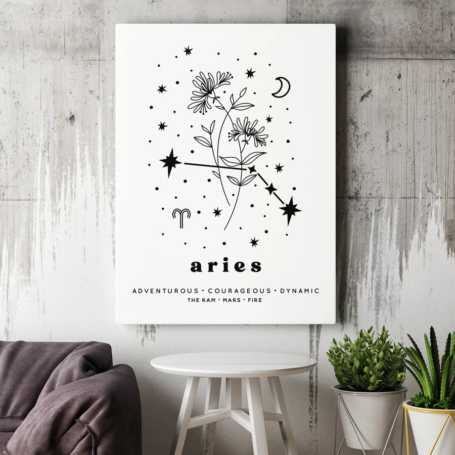 Aries Zodiac Canvas Print | Floral Constellation Line Art | Premium Gallery Wrapped 1.25" Canvas | Astrology Birthday Gift for Her