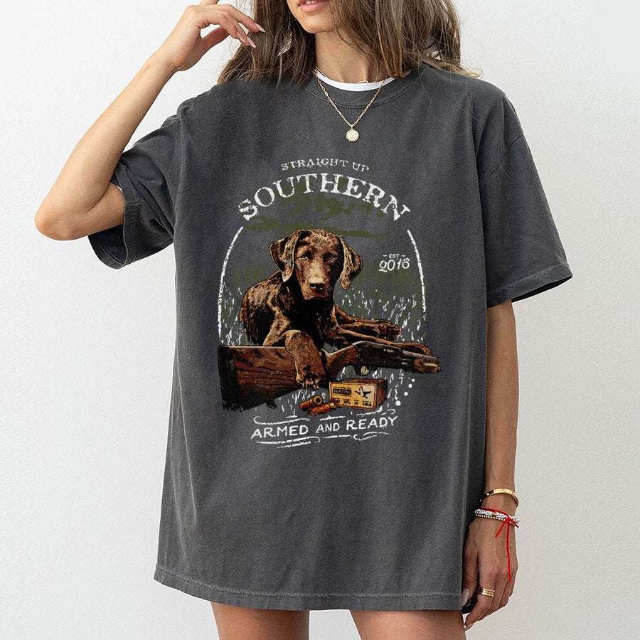Chocolate Labrador Hunting T-Shirt | Straight Up Southern Armed and Ready Graphic | Premium 100% Cotton Tee | Gift for Hunters and Dog Lovers
