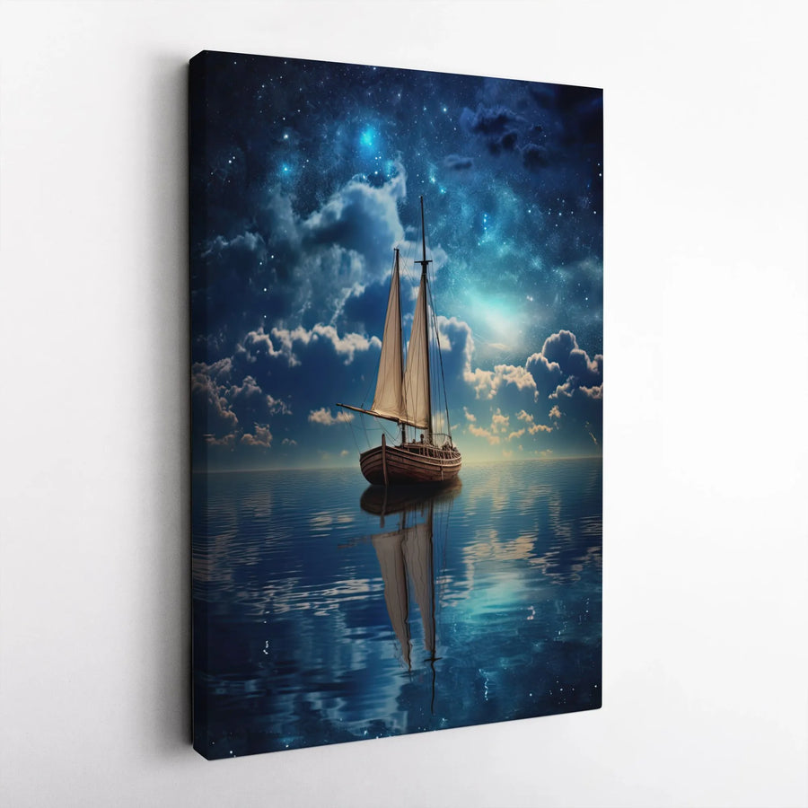 Sailboat Canvas Wall Art | Starry Night Galaxy Nautical Print | 1.25 Inch Premium Gallery Wrap | Home Office Decor Gift For Sea Lovers