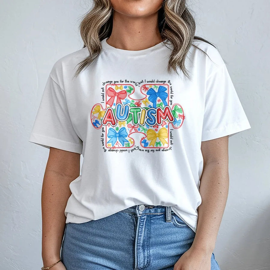 Autism Awareness T-Shirt | Colorful Puzzle Piece Bow Graphic | Soft Cotton Tee | Neurodiversity Advocate Support Gift