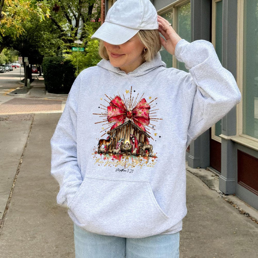 Christian Christmas Hoodie | Nativity Scene The Greatest Gift of All Graphic | Soft Cotton-Poly Blend | Religious Holiday Gift for Men and Women