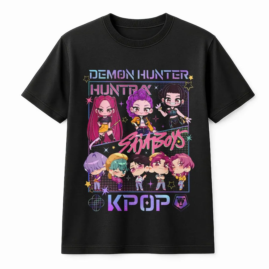 K-Pop Chibi Anime T-Shirt | Demon Hunter Graphic Art | Premium Cotton Unisex Tee | Gift for K-Pop Fans and Manga Lovers