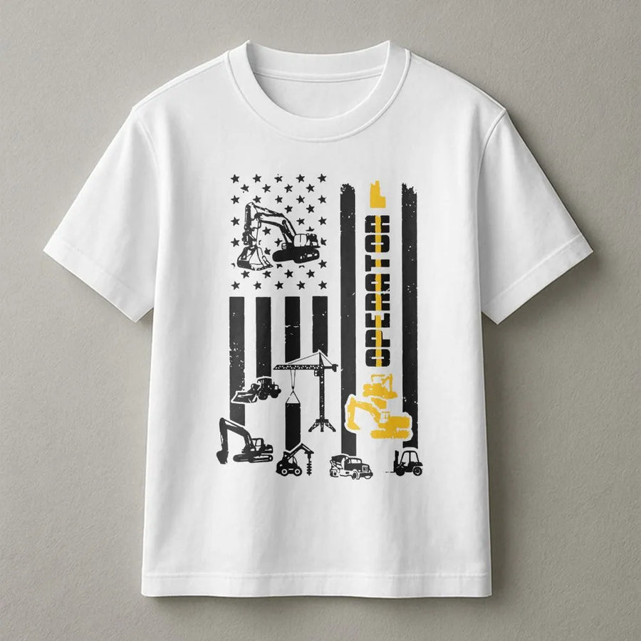 Heavy Equipment Operator T-Shirt | American Flag Construction Graphic | Premium Cotton Blend | Gift for Construction Worker