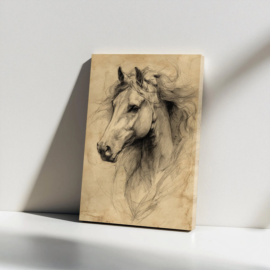 Horse Canvas Wall Art | Vintage Pencil Sketch Equestrian Drawing | Premium Gallery Wrap Print | Western Farmhouse Decor Gift for Horse Lovers
