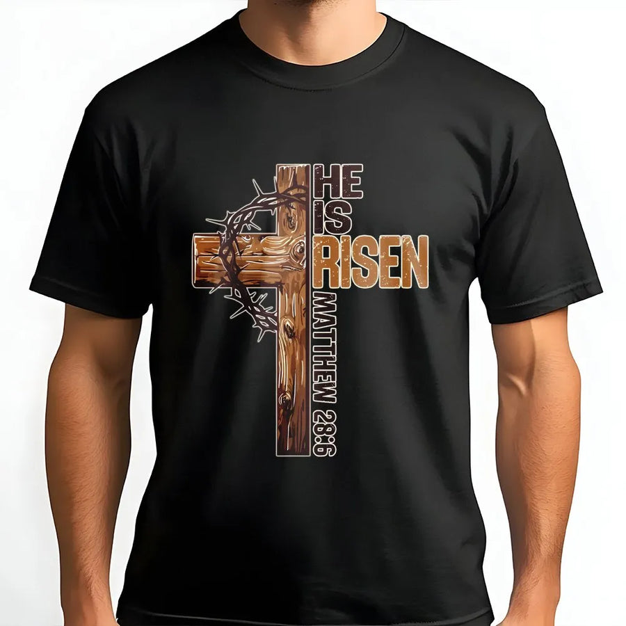 He Is Risen T-Shirt | Wooden Cross & Crown Of Thorns Graphic | Premium Soft Cotton | Christian Easter Gift for Faith & Religious Believers