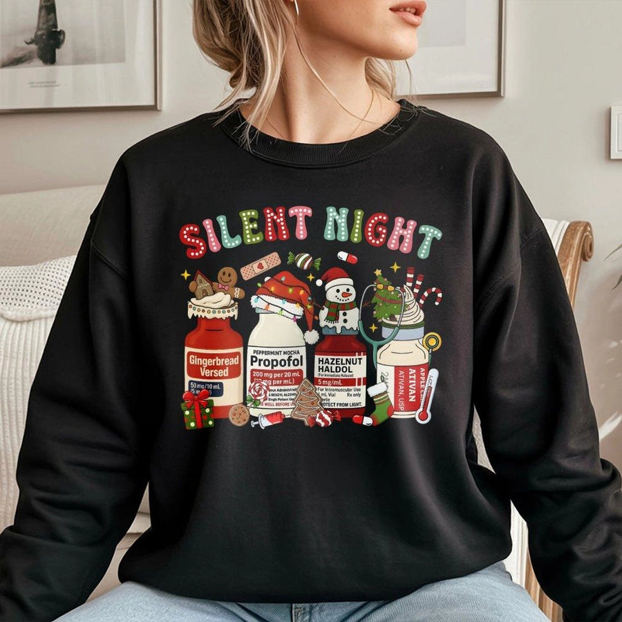 Silent Night Christmas Sweatshirt | Funny Nurse Medical Holiday Graphic | Premium Soft Blend Crewneck | Gift for Nurses, ICU Staff, Doctors