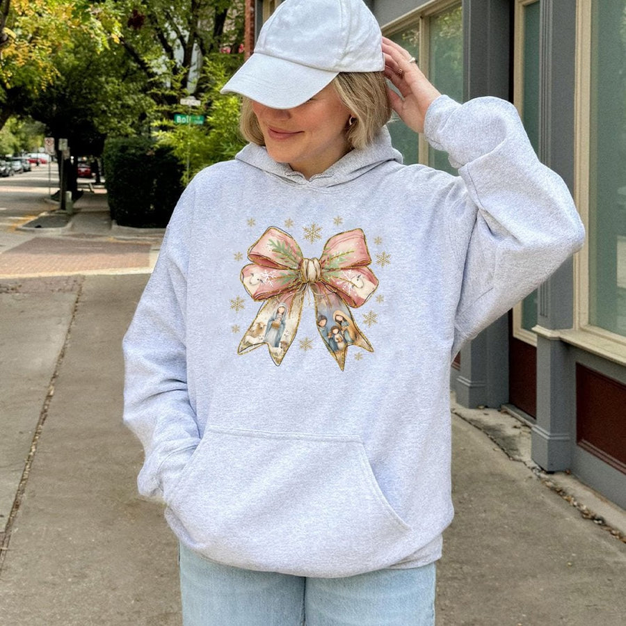 Nativity Scene Hoodie | Religious Coquette Bow Design | Cotton-Poly Blend | Christian Christmas Gift for Women