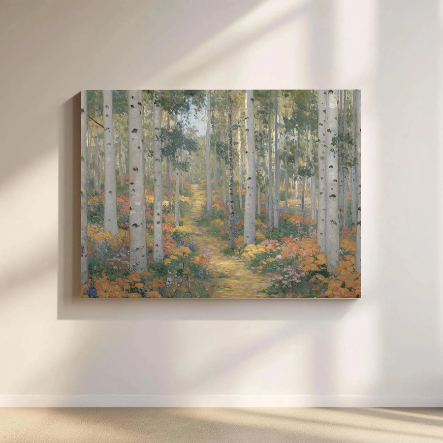 Aspen Birch Forest Landscape Canvas | Autumn Wildflower Trail Wall Art | Premium Gallery Wrapped Print | Nature Inspired Home Decor Gift