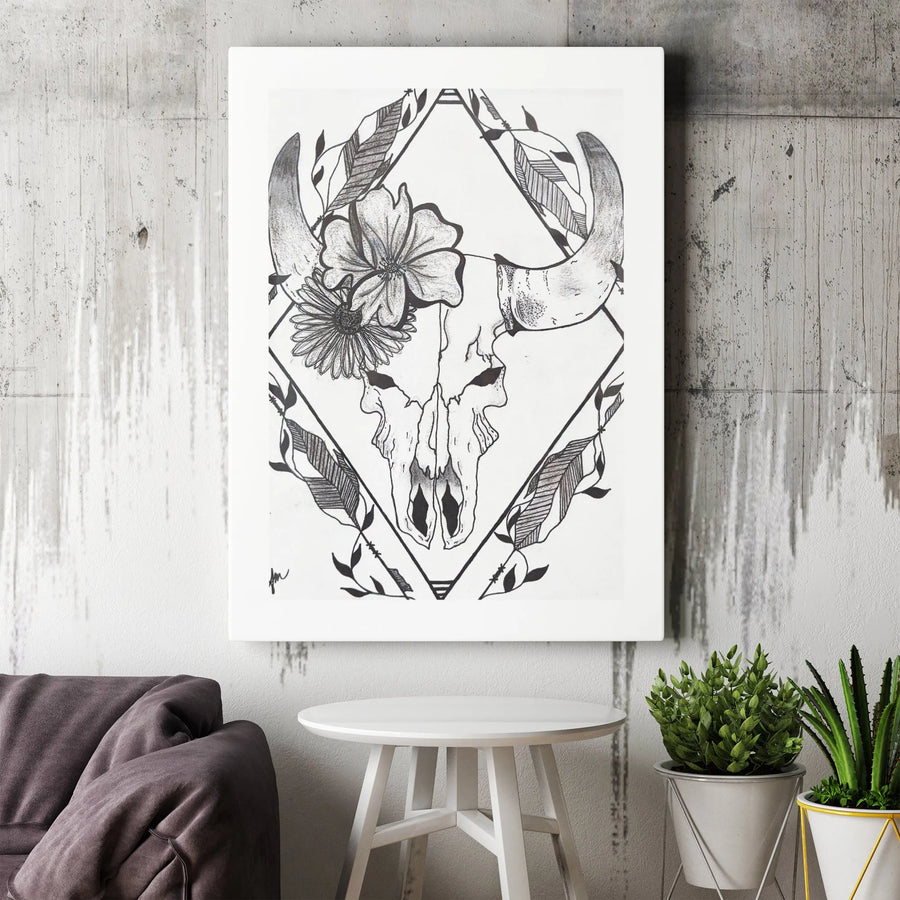 Bohemian Bull Skull Canvas Art | Floral Western Line Drawing | Premium Fade-Resistant Gallery Print | Southwestern Boho Home Decor Wall Gift