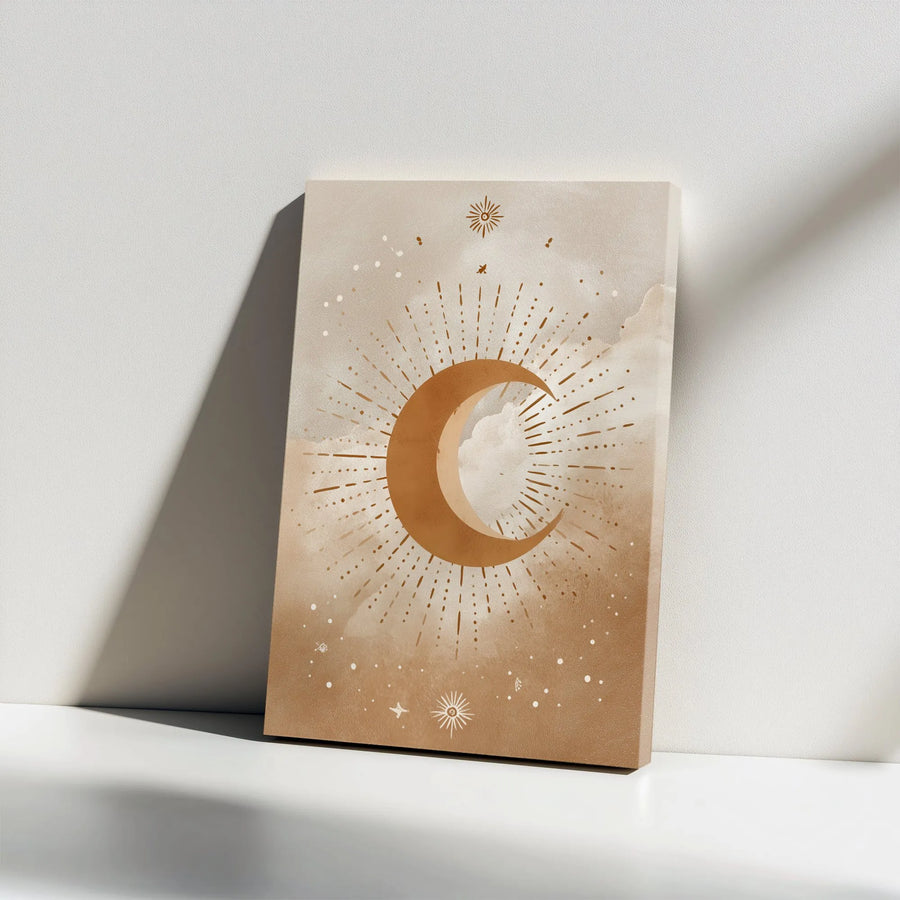 Boho Crescent Moon Canvas Wall Art | Mystical Celestial Print with Stars | Premium Frameless Canvas | Minimalist Bedroom Decor Gift for Her