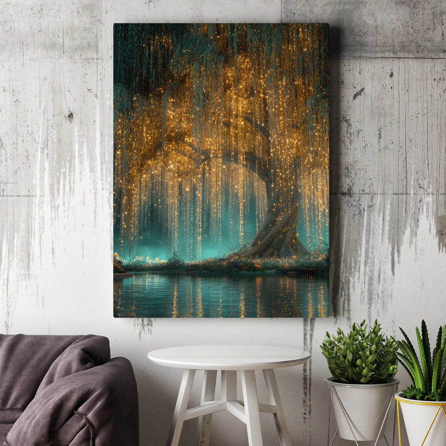 Enchanted Weeping Willow Canvas Wall Art | Glowing Lights Fantasy Forest Print | Premium Gallery Wrapped Art | Gift for Bedroom Living Room Decor