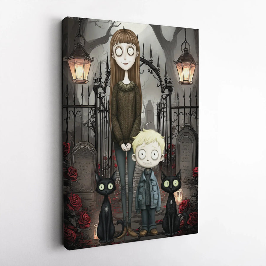 Gothic Graveyard Wall Art | Whimsical Mother and Son Illustration with Black Cats | Gallery-Quality 1.25 inch Canvas | Spooky Home Decor Gift