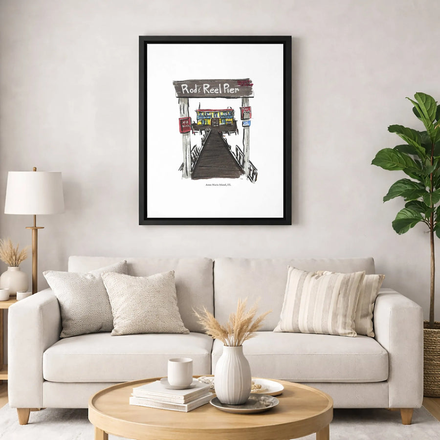 Rod & Reel Pier Wall Art | Anna Maria Island Florida Illustration | Premium Gallery Canvas | Coastal Home Decor Gift for Beach Lovers