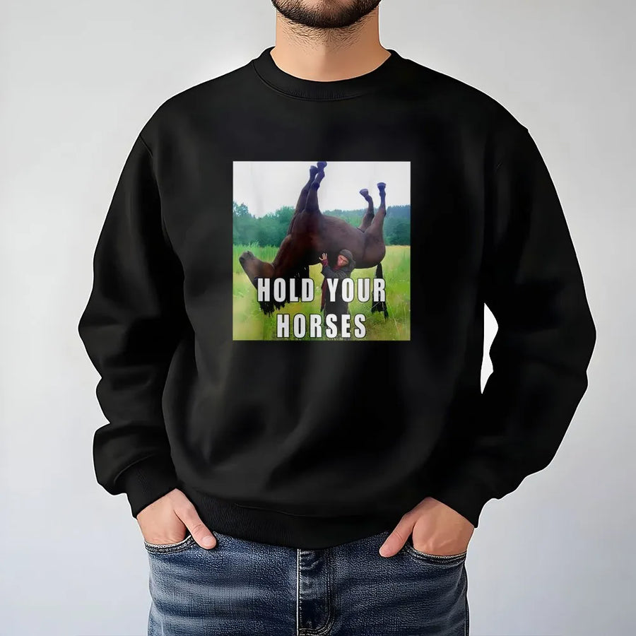 Hold Your Horses Funny Horse Meme Sweatshirt | Sarcastic Pun Graphic Print | Premium Cotton Blend | Gift For Horse Lover Men And Women