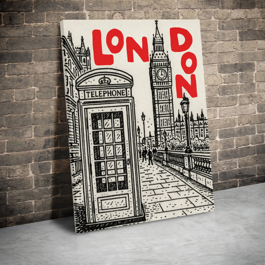 London City Sketch Vertical Canvas | Big Ben & British Telephone Box Art | Premium 1.25 Inch Frameless Print | Travel Lover Gift & Home Wall Decor