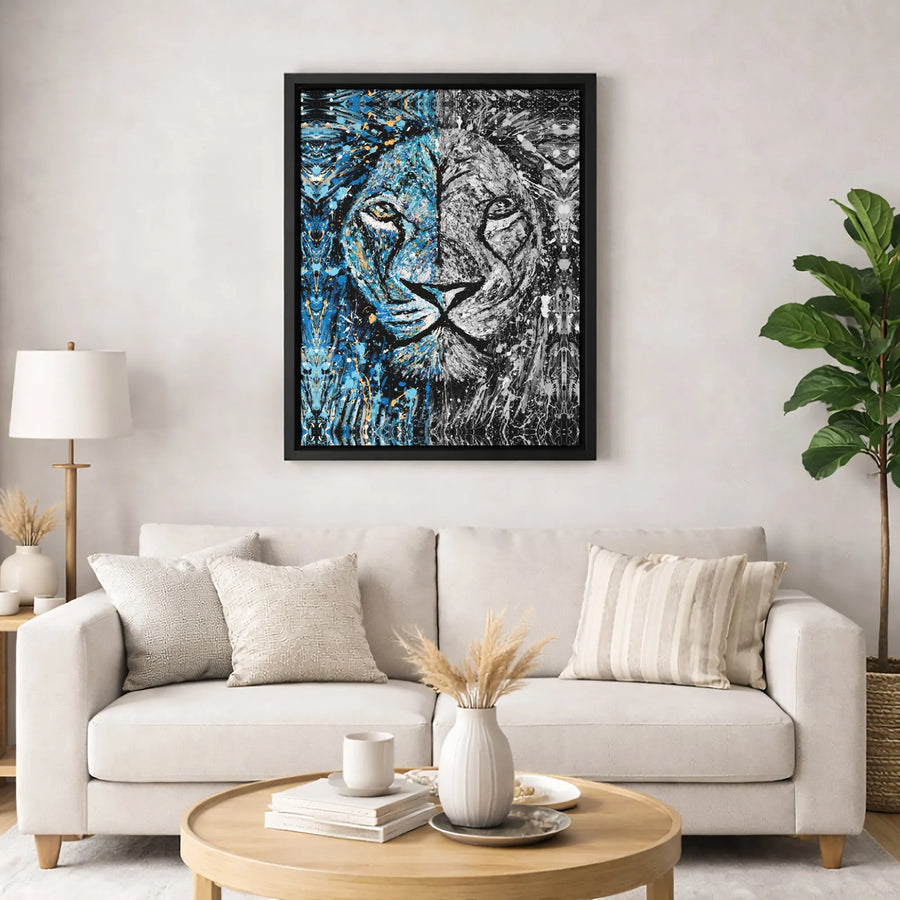 Abstract Lion Canvas Wall Art | Split-Face Blue & Monochrome Design | Premium 1.25" Gallery Wrap | Modern Home Office Decor Gift