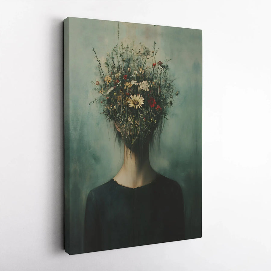 Surreal Floral Woman Canvas Wall Art | Moody Wildflower Bouquet Portrait | Premium Gallery Wrapped Print | Botanical Home Decor Gift for Her