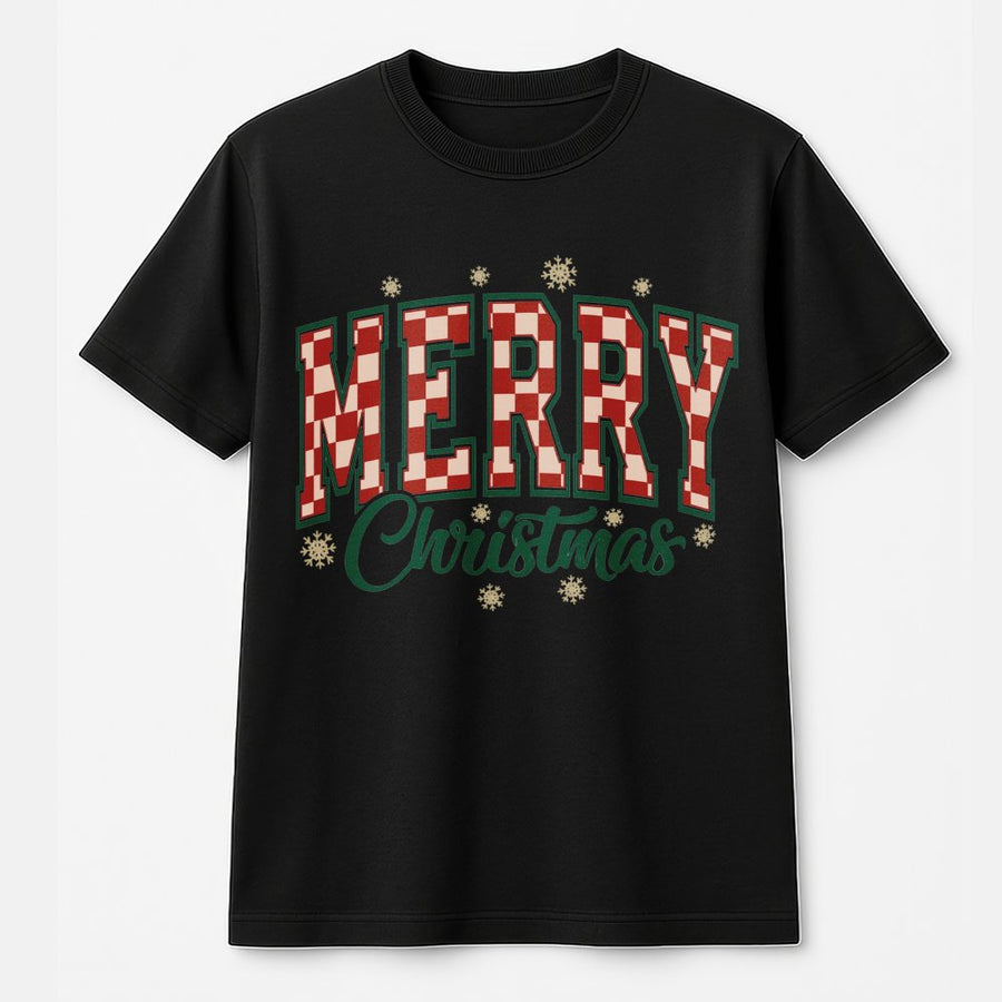 Merry Christmas T-Shirt | Retro Checkered Varsity Font | 100% Cotton Premium Tee | Festive Holiday Party Gift for Women and Family