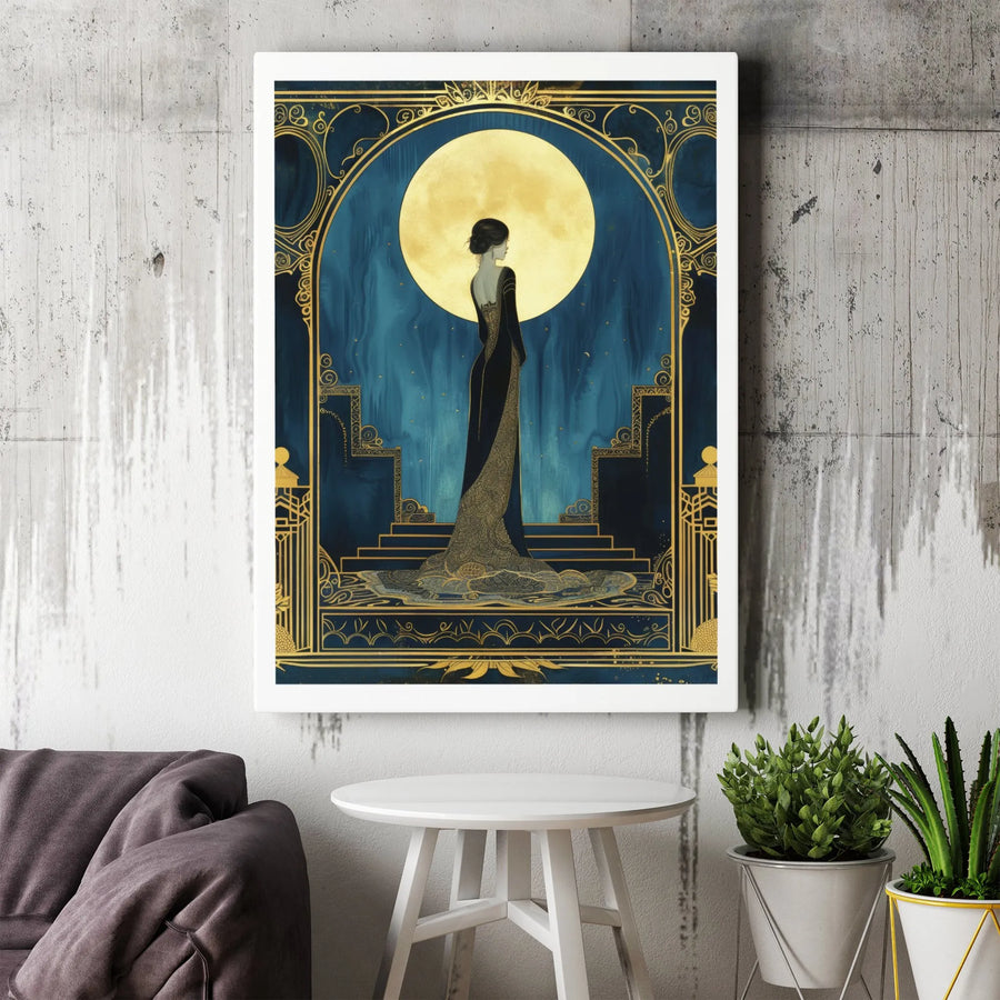 Art Deco Woman Canvas Print | Elegant Full Moon Wall Art | Premium 1.25-Inch Gallery Wrap | Sophisticated Home Decor Gift