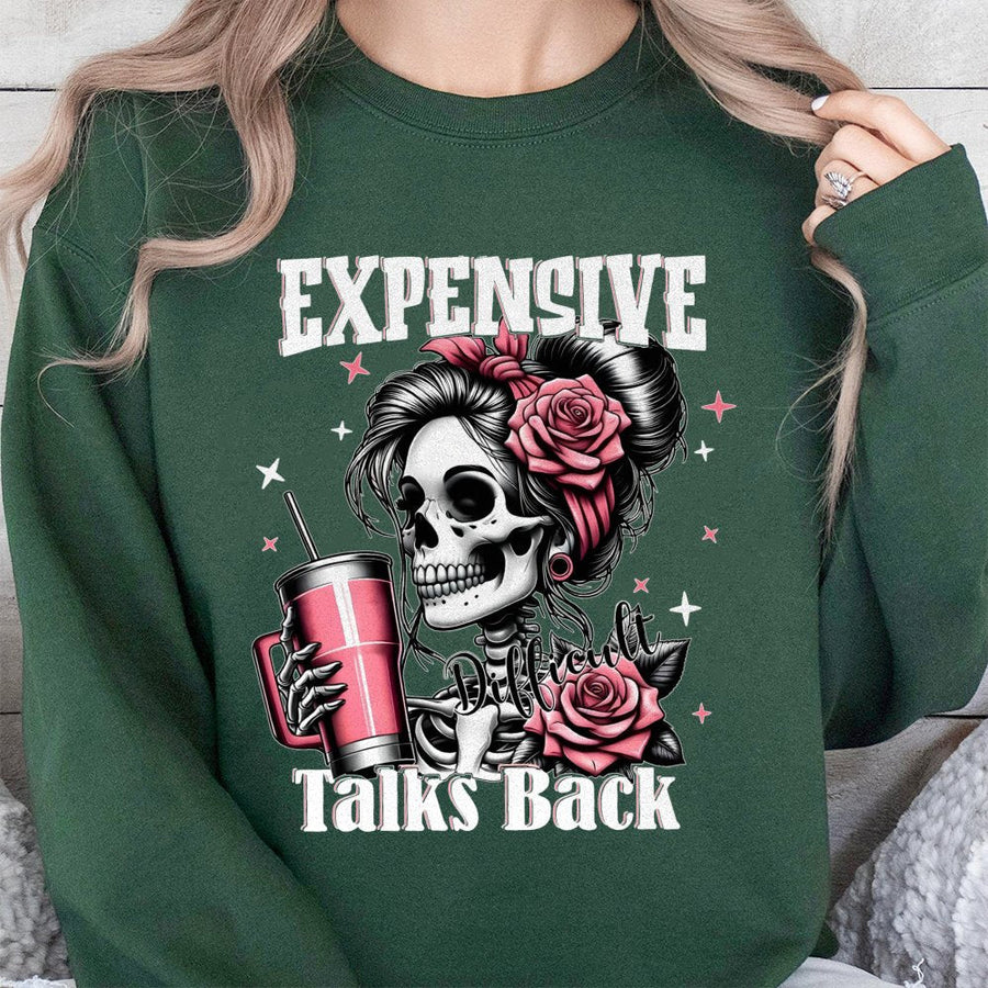 Expensive Talks Back Sweatshirt | Sassy Skull Rose Graphic Design | Soft Cotton Blend Unisex Pullover | Trendy Baddie Aesthetic Gift for Her