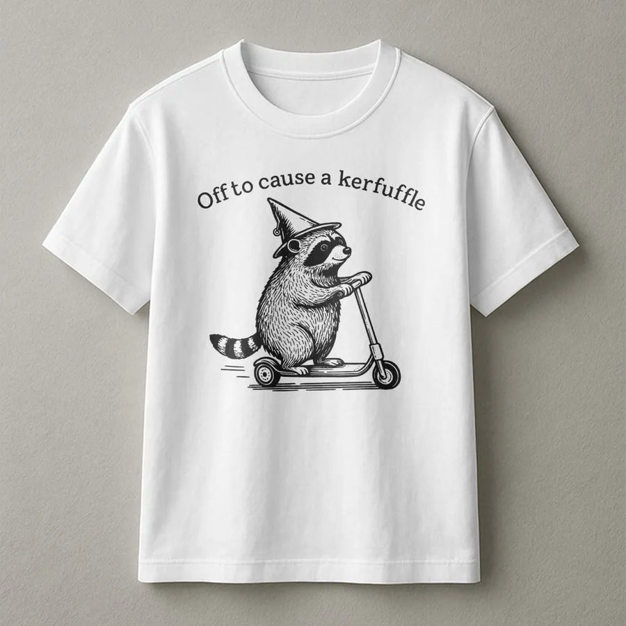 Raccoon Scooter T-Shirt | Off To Cause A Kerfuffle Funny Graphic | Soft Cotton Premium Tee | Unique Animal Gift For Raccoon Lovers