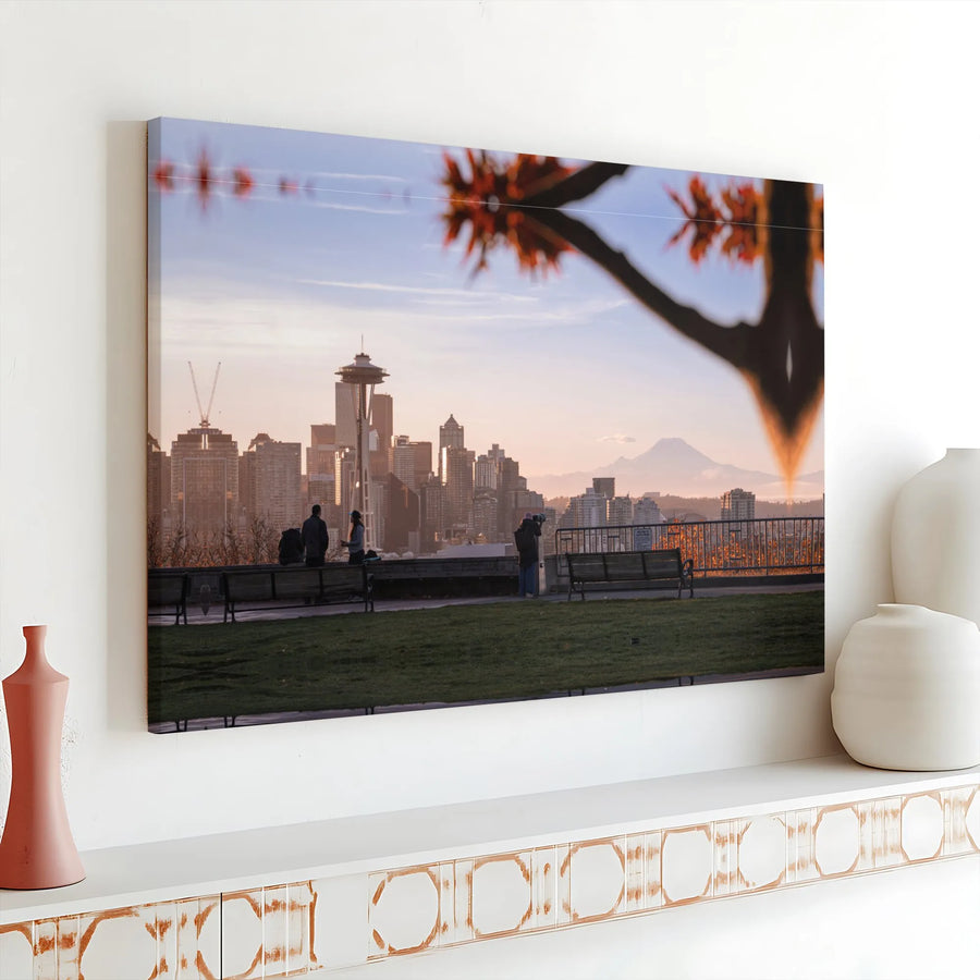 Seattle Skyline Canvas Print | Space Needle and Mount Rainier View at Sunrise | Premium Gallery Wrapped Art | Pacific Northwest Home Decor Gift