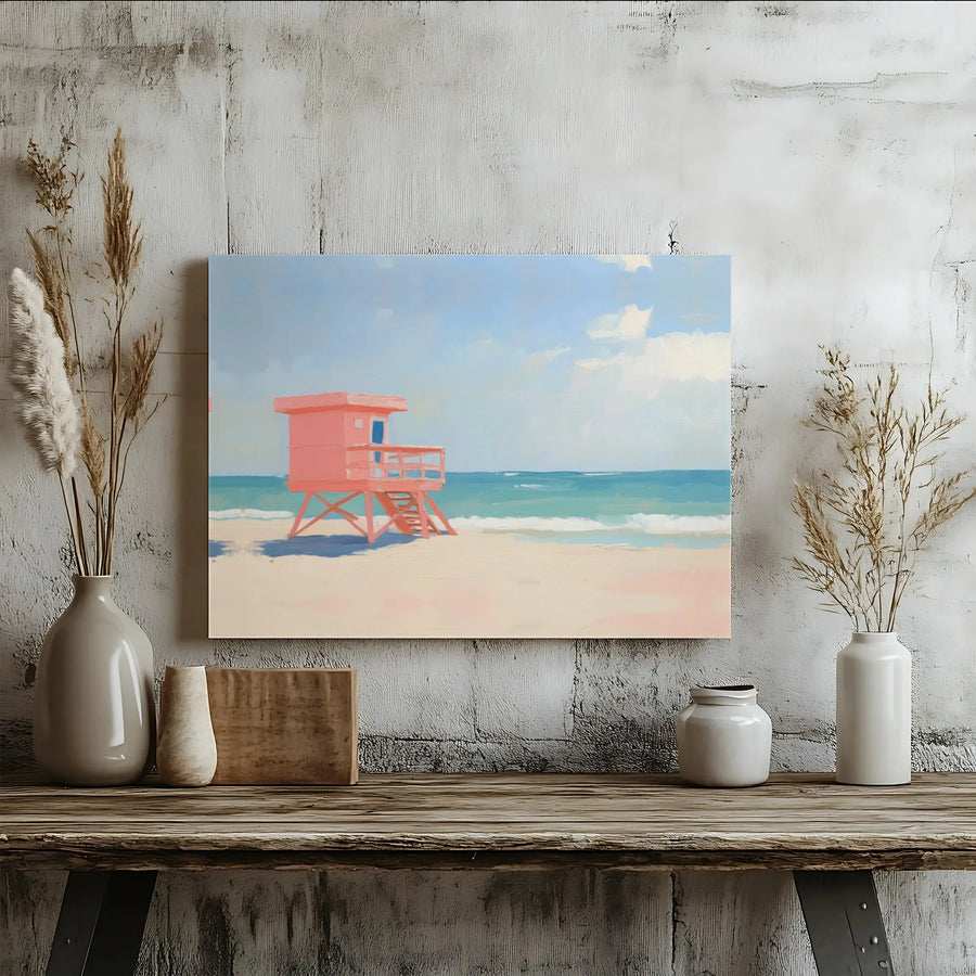 Pink Lifeguard Tower Wall Art | Painterly Beach Landscape Canvas | Premium 1.25" Gallery Wrap | Coastal Decor Gift for Beach Lovers