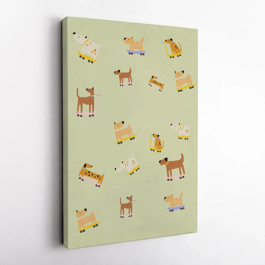 Cute Dog Wall Art | Cartoon Skateboard and Scooter Puppy Pattern | Gallery-Wrapped Premium Canvas | Nursery or Kids Room Decor Gift