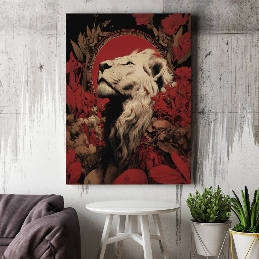 Majestic Lion Canvas Print | Regal Lion with Red Floral Design | Thick Gallery Wrap Canvas | Premium Living Room Decor Gift