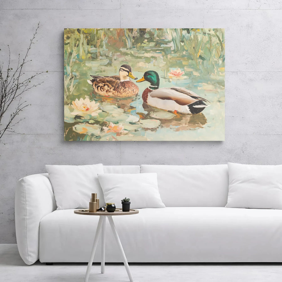 Mallard Ducks Canvas Wall Art | Impressionist Pond & Water Lilies Print | Gallery Wrapped Premium Decor | Nature Lover Living Room Gift