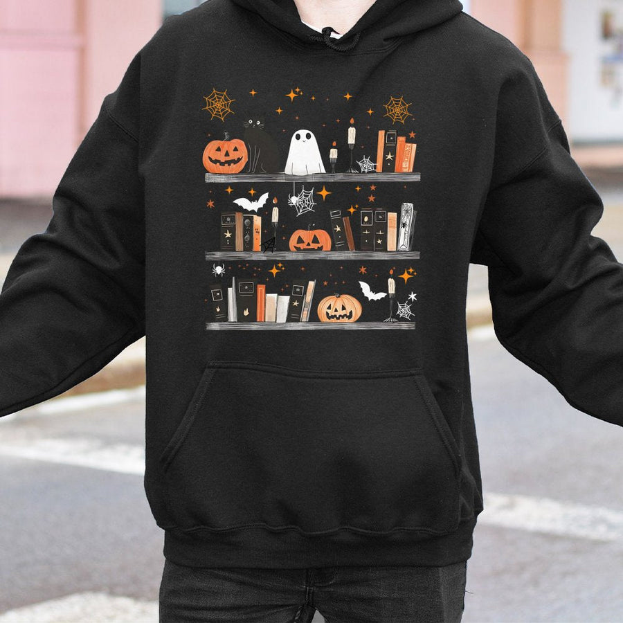 Halloween Bookshelf Hoodie | Spooky Ghost and Cat Library Graphic | Premium Cotton Blend Pullover | Cute Book Lover Gift for Readers