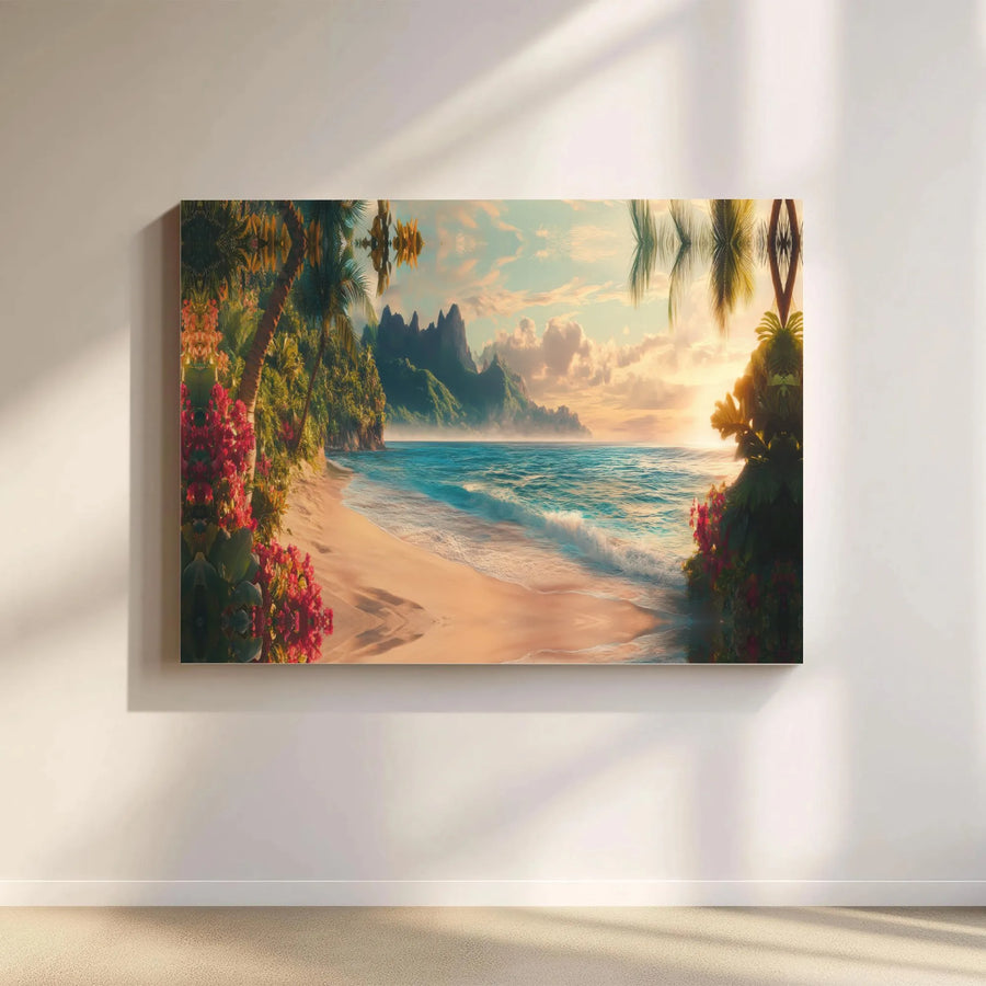 Tropical Beach Canvas Wall Art | Hawaiian Paradise Sunset Painting | Premium Gallery Wrapped Art | Coastal Living Room Decor Gift