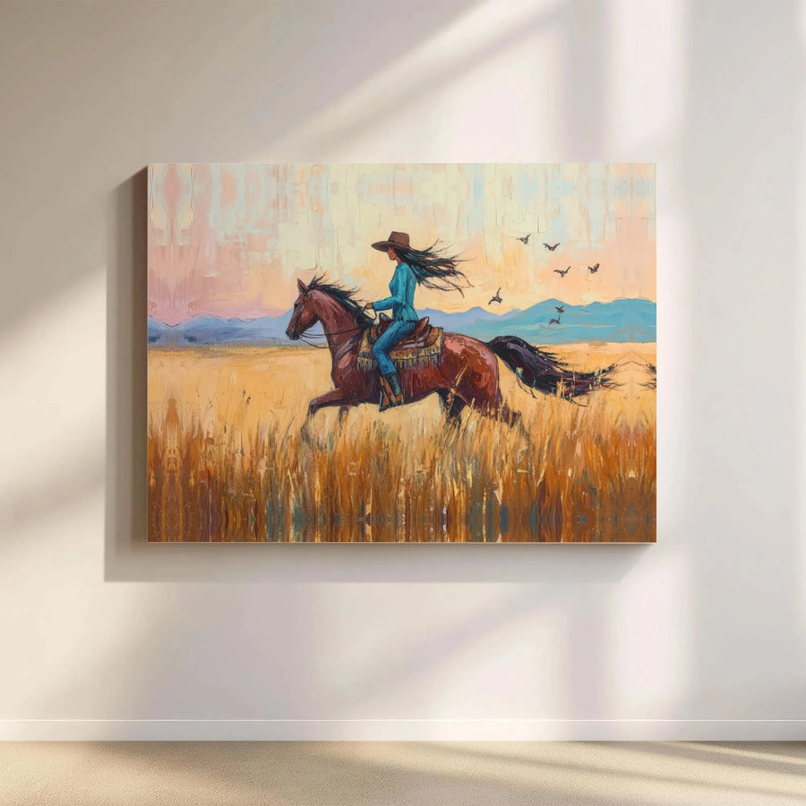 Western Cowgirl Canvas Art | Horse Riding in Golden Field Painting | Premium Gallery Wrapped Decor | Equestrian Wall Art for Home Gift
