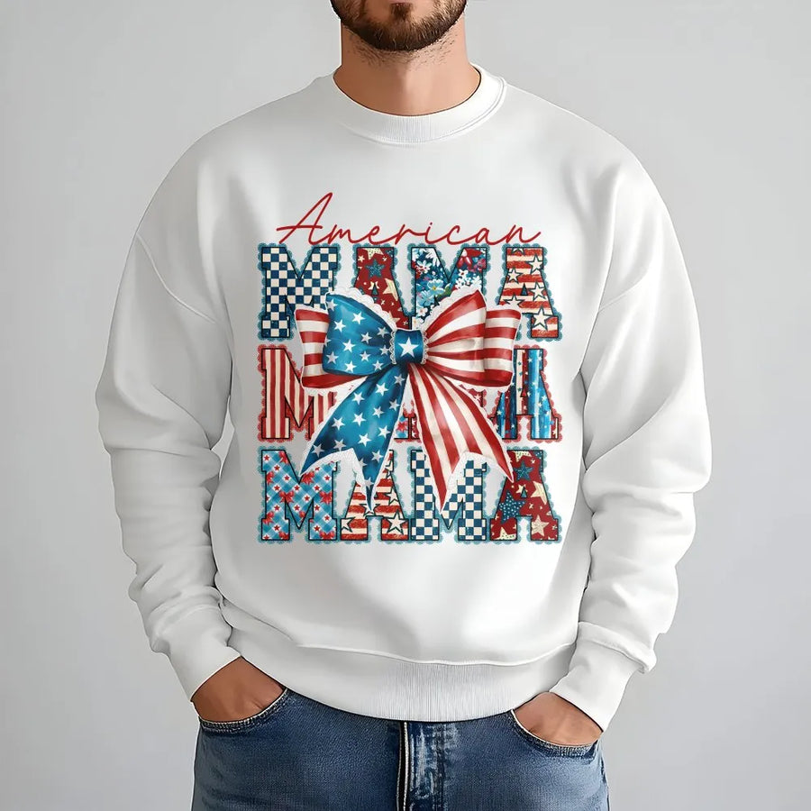 American Mama Sweatshirt | Red White Blue Coquette Bow Graphic | Soft Cotton Blend | 4th of July Gift for Mom