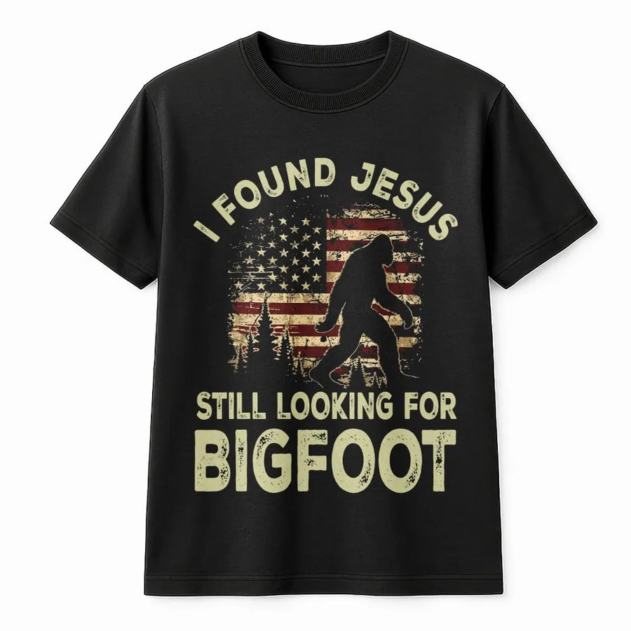 Funny Bigfoot T-Shirt | I Found Jesus Sasquatch Graphic with Retro American Flag | Premium Cotton Tee | Gift for Christian Humor & Hunters
