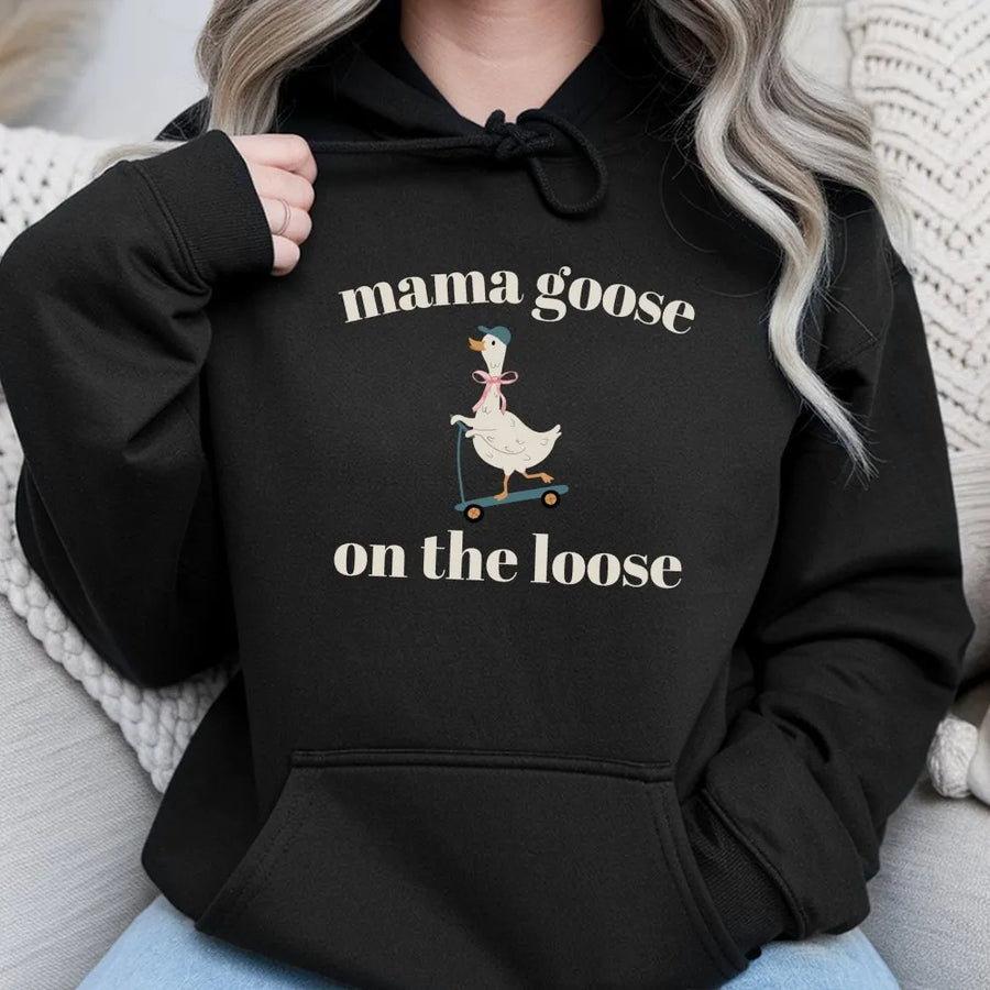 Mama Goose On The Loose Hoodie | Funny Duck Graphic Sweatshirt | Cotton Blend Premium Pullover | Cute Pregnancy Announcement Gift For Mom