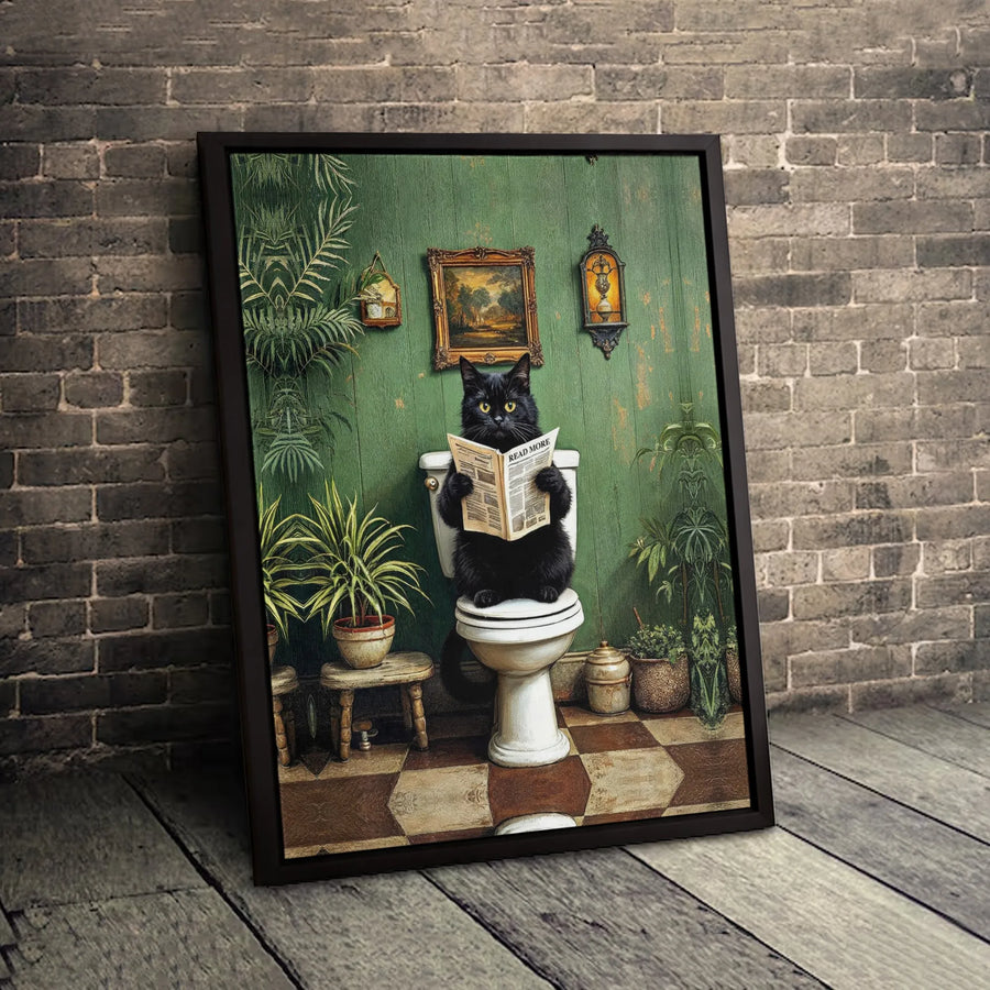 Black Cat Reading Newspaper Canvas | Funny Bathroom Wall Art | Premium 1.25 Inch Thick Gallery Wrap | Unique Cat Lover Gift