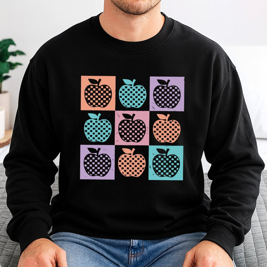 Retro Apple Teacher Sweatshirt | Checkered Pattern Graphic Design | Premium Cotton Polyester Blend | Cute Back To School Gift For Educators